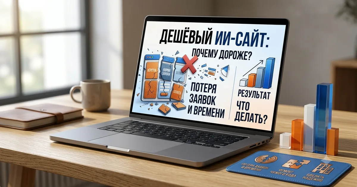 Ноутбук с разбитым макетом ИИ-сайта — сломанная вёрстка, форма заявки и оплата